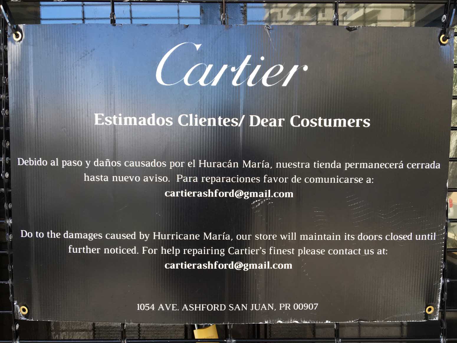 Cartier informing customers of their temporary closure